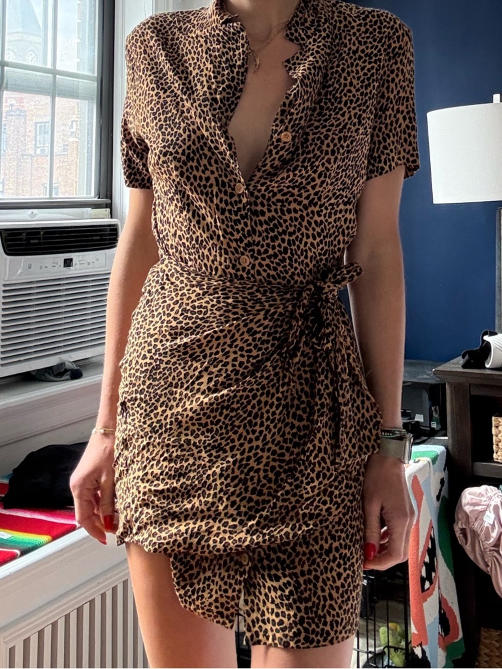 Leopard Print Wrap Mini Dress - Brown Black